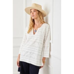 Karen Kane Embroidered Tunic Top Size Large White V-Neck 3/4 Sleeves Summer